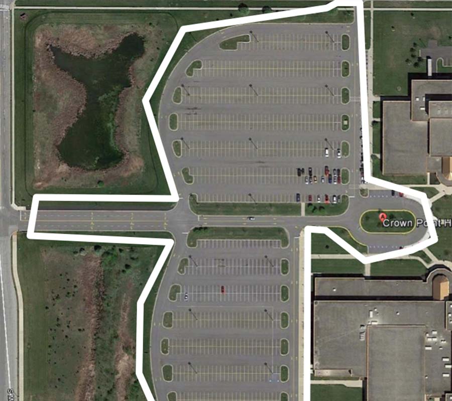 aerial photo of parking lot with striping