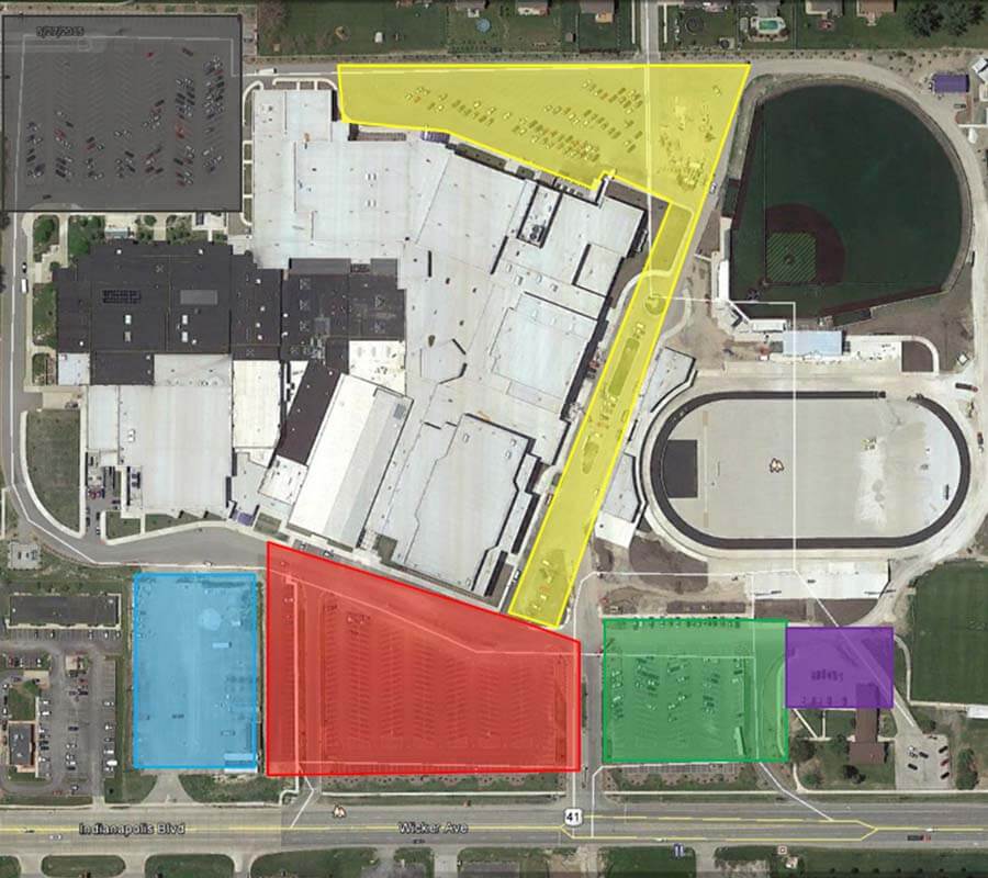 Arial plans display of sports complex parking lot and drive to be paved and striped by Site Services