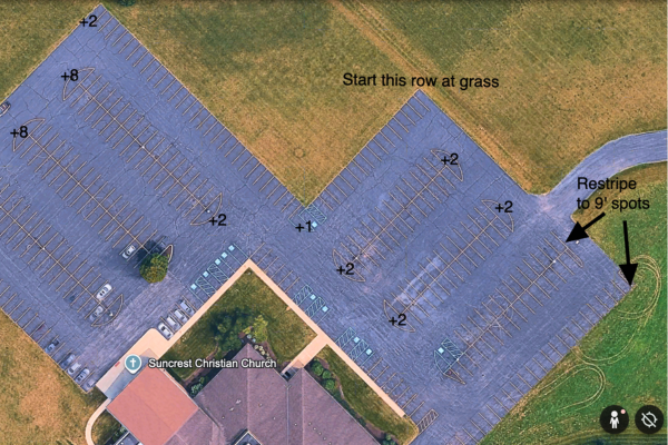 Site Services | Aerial view of a church parking lot with annotations showing where to add or restripe parking spots.